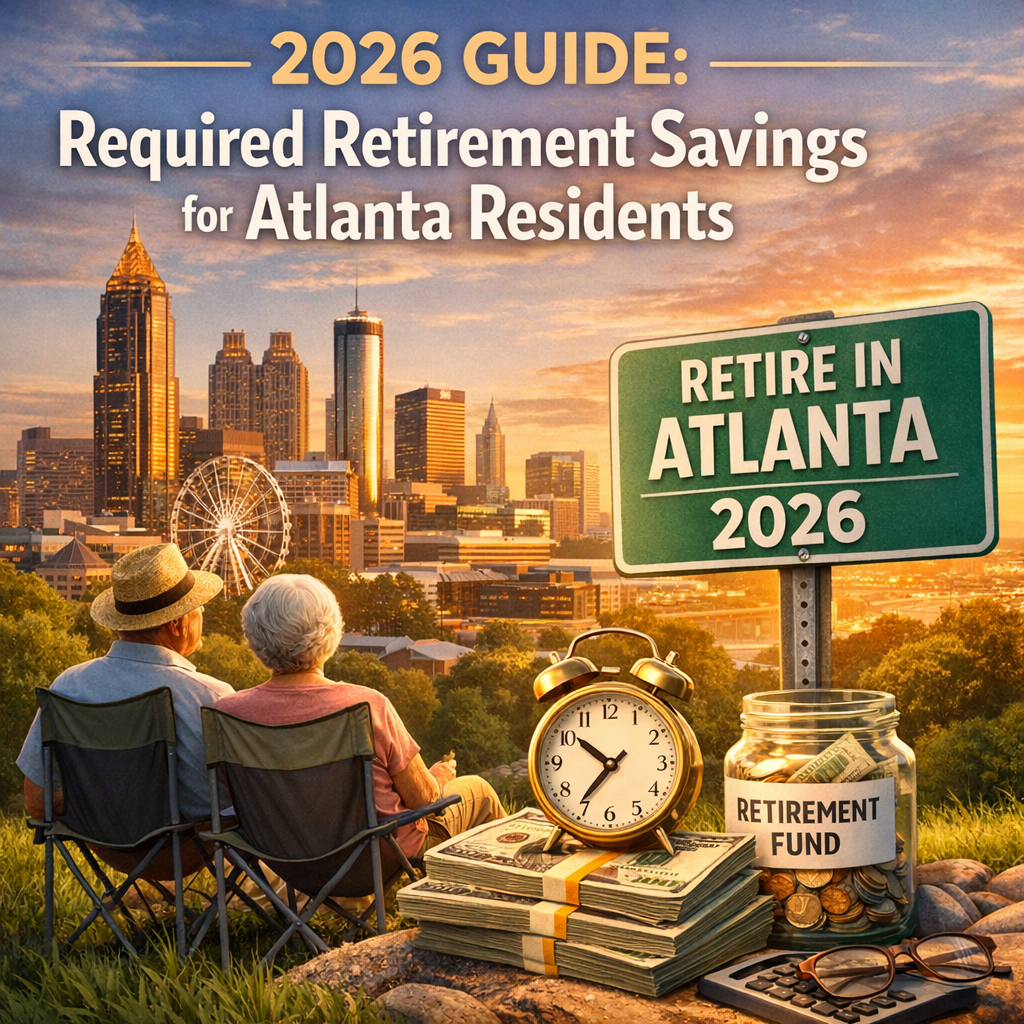 Graphical overview of Atlanta's skyline with icons representing retirement planning for 2026.