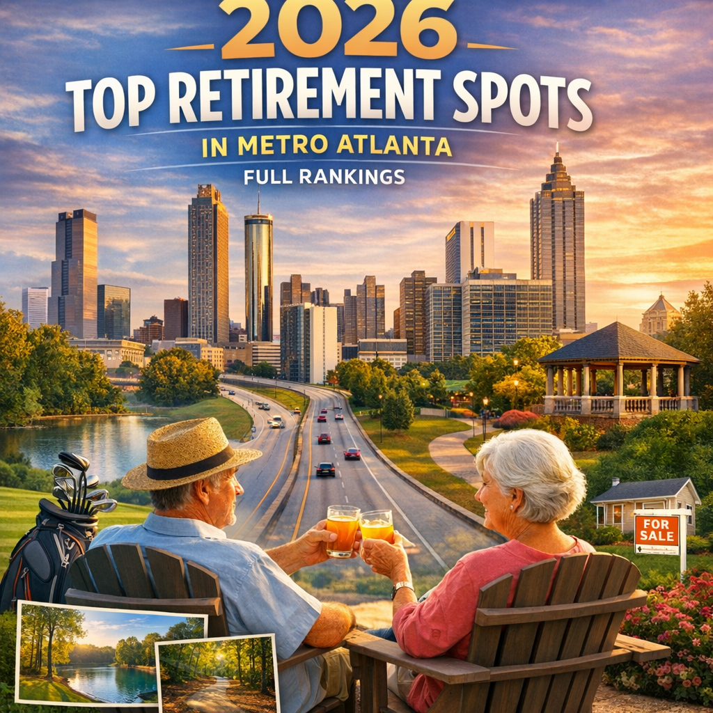Chart showing 2026 rankings of top retirement spots in Metro Atlanta with scenic views.
