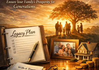 A family gathered around a table discussing documents with a lawyer, symbolizing legacy planning.