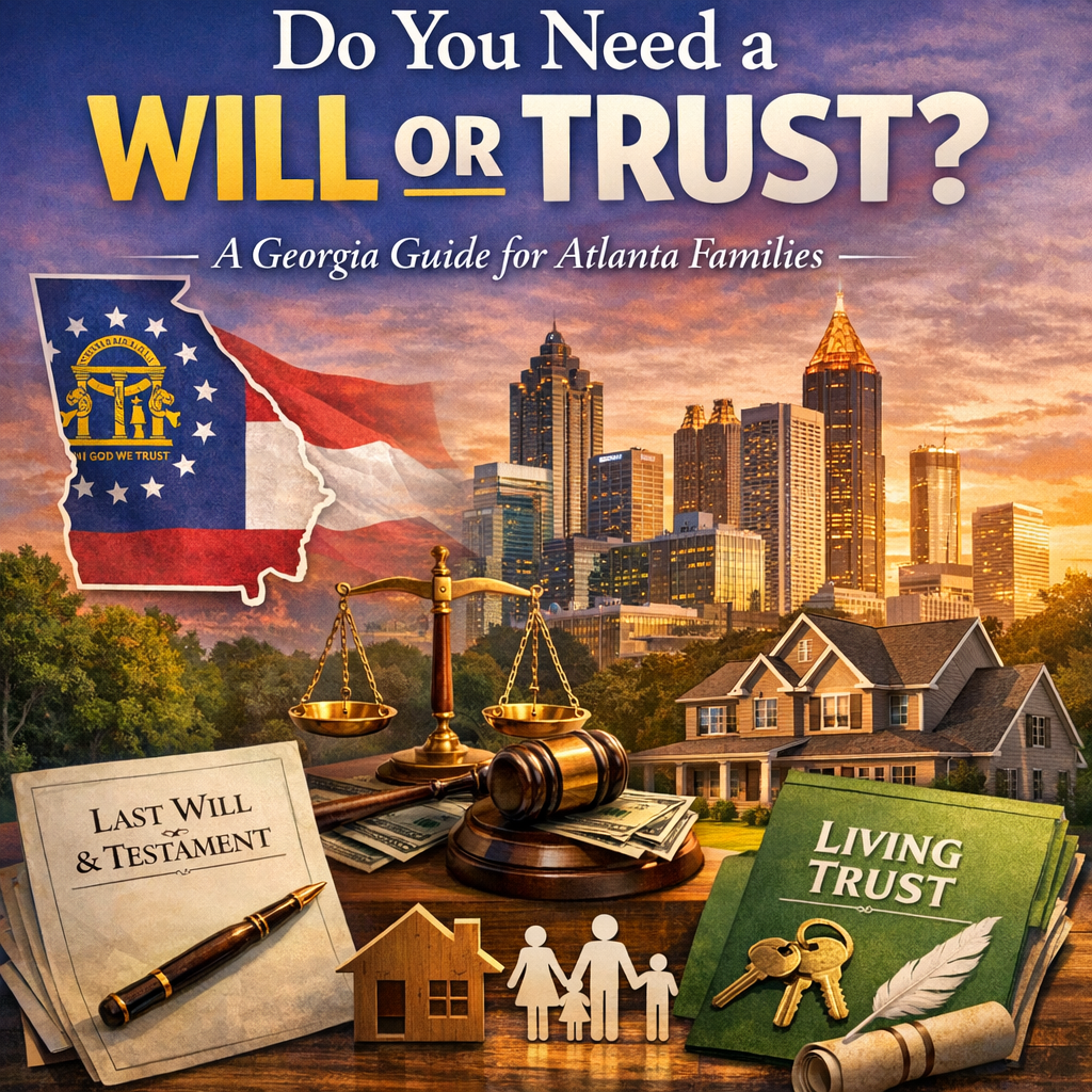 Atlanta skyline with Georgia legal symbols and text about choosing wills or trusts.
