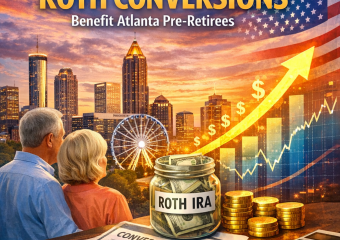 Atlanta skyline with overlay graphics showing growth from Roth IRA conversions for pre-retirees.