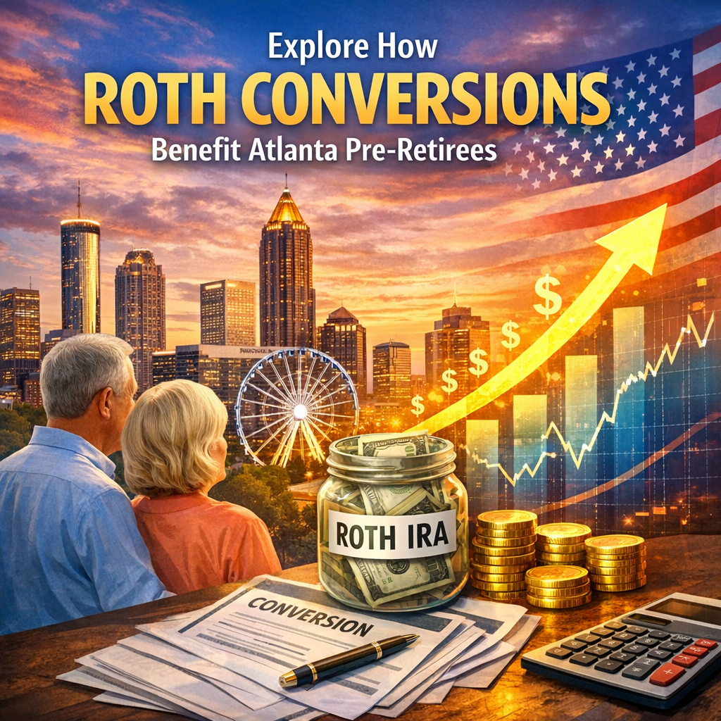 Atlanta skyline with overlay graphics showing growth from Roth IRA conversions for pre-retirees.