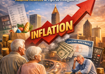 Senior couple in Atlanta reviewing financial documents, worried about inflation.
