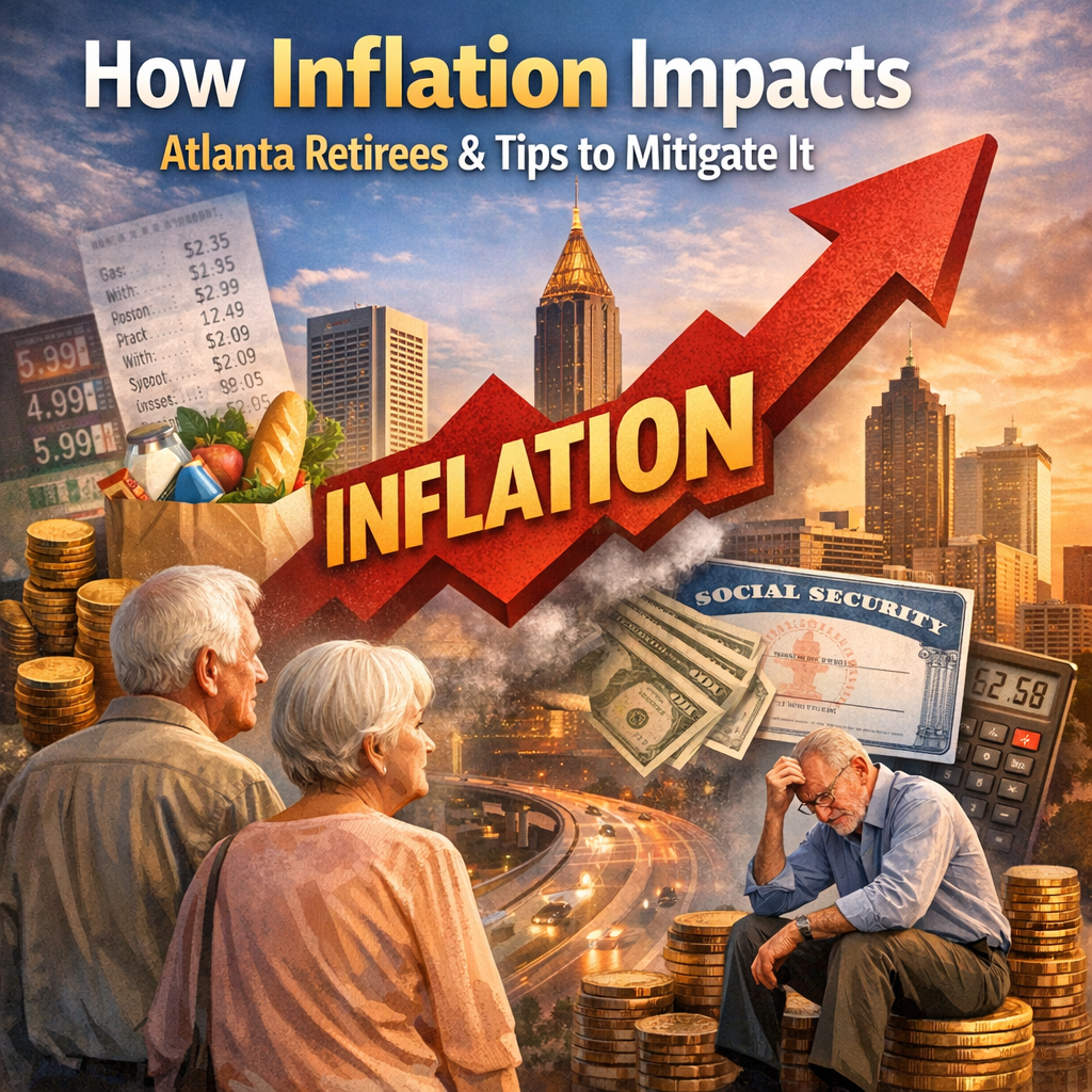 Senior couple in Atlanta reviewing financial documents, worried about inflation.