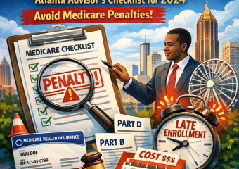 Atlanta skyline with a checklist labeled "2024 Medicare Penalty Prevention" and key enrollment reminders.