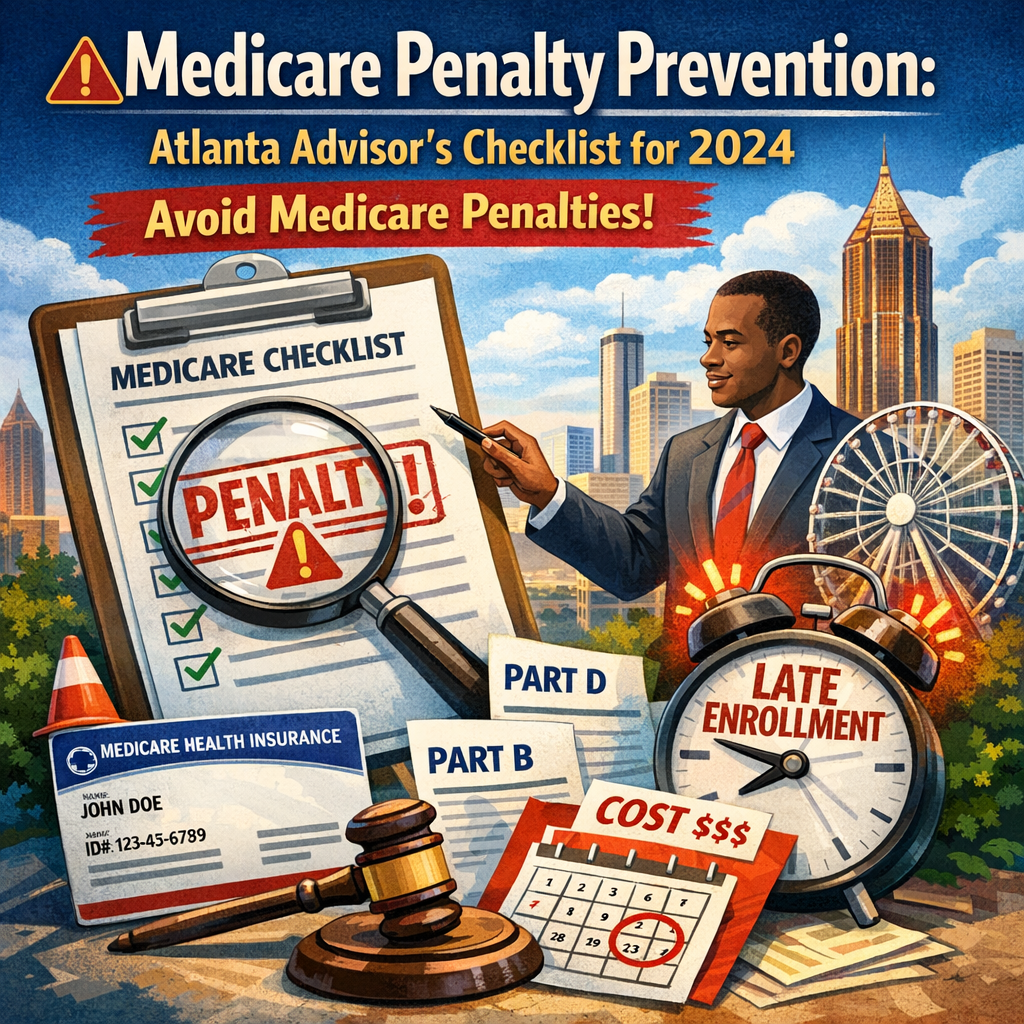 Atlanta skyline with a checklist labeled "2024 Medicare Penalty Prevention" and key enrollment reminders.
