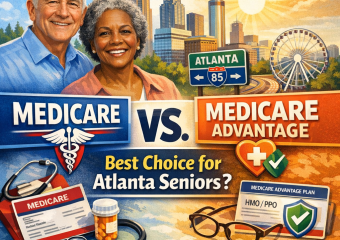 Atlanta city skyline with overlaid text comparing Medicare and Medicare Advantage for seniors.