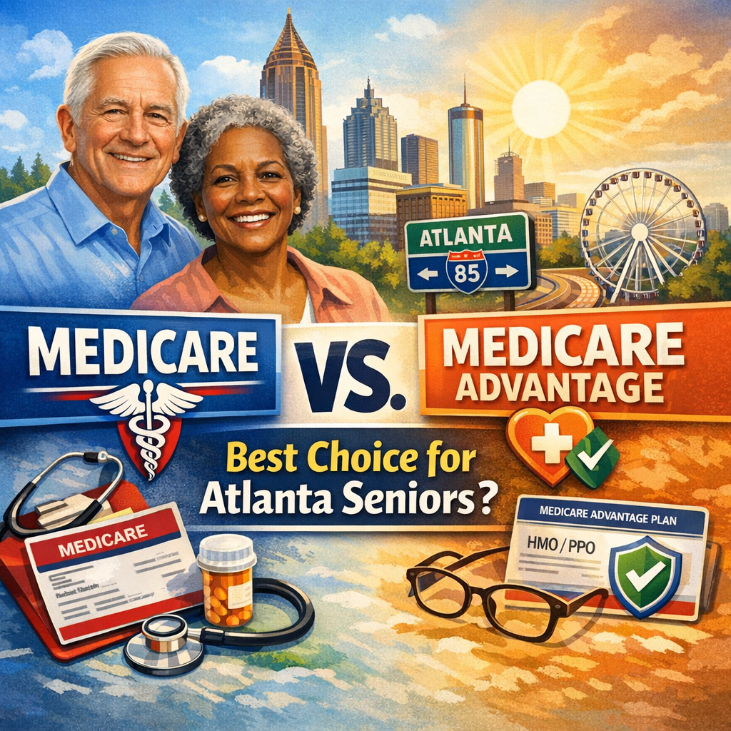 Atlanta city skyline with overlaid text comparing Medicare and Medicare Advantage for seniors.
