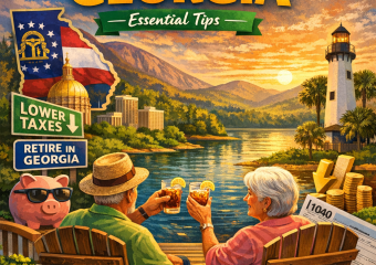 Scenic view of a serene lake in Georgia with overlaid text about retirement tax planning tips.