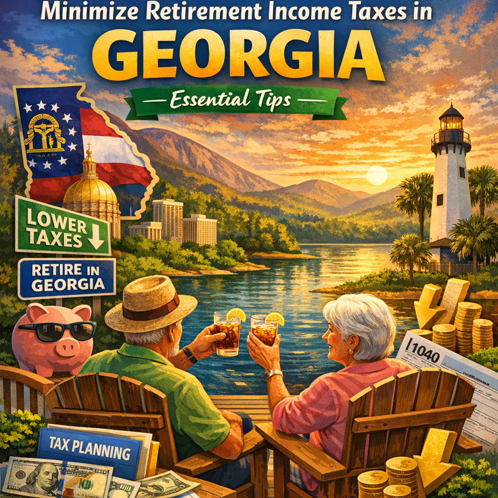 Scenic view of a serene lake in Georgia with overlaid text about retirement tax planning tips.