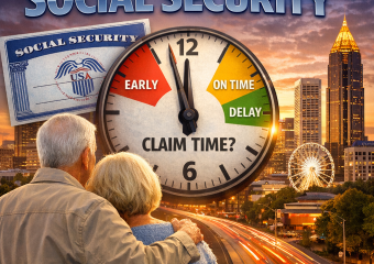Atlanta skyline with overlay text about the best times for retirees to claim Social Security.