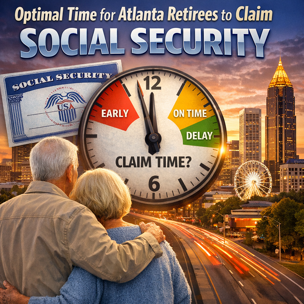 Atlanta skyline with overlay text about the best times for retirees to claim Social Security.