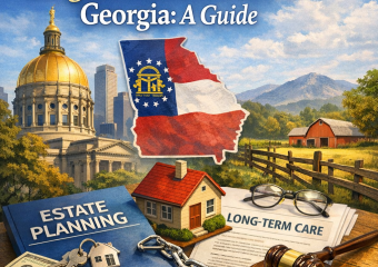 A financial planner explaining estate planning strategies to an elderly couple in Georgia.