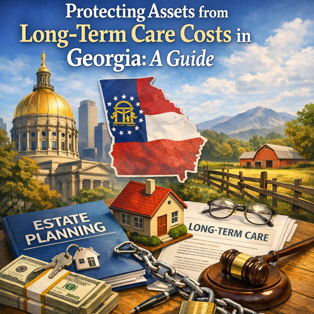 A financial planner explaining estate planning strategies to an elderly couple in Georgia.