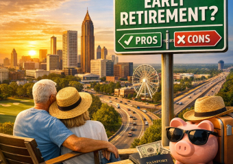 Couple watching sunset over Atlanta skyline, with a sign reading "Early Retirement Pros & Cons."