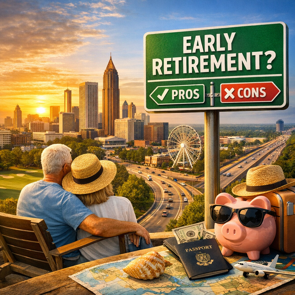 Couple watching sunset over Atlanta skyline, with a sign reading "Early Retirement Pros & Cons."