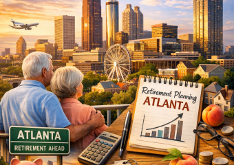 Atlanta skyline with overlay of financial graphs and an elderly couple looking at a brochure.
