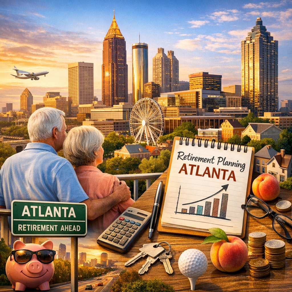 Atlanta skyline with overlay of financial graphs and an elderly couple looking at a brochure.
