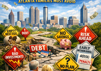 Text overlay listing top 7 retirement mistakes with icons for debt, savings, and bad investments on a background of Atlanta s