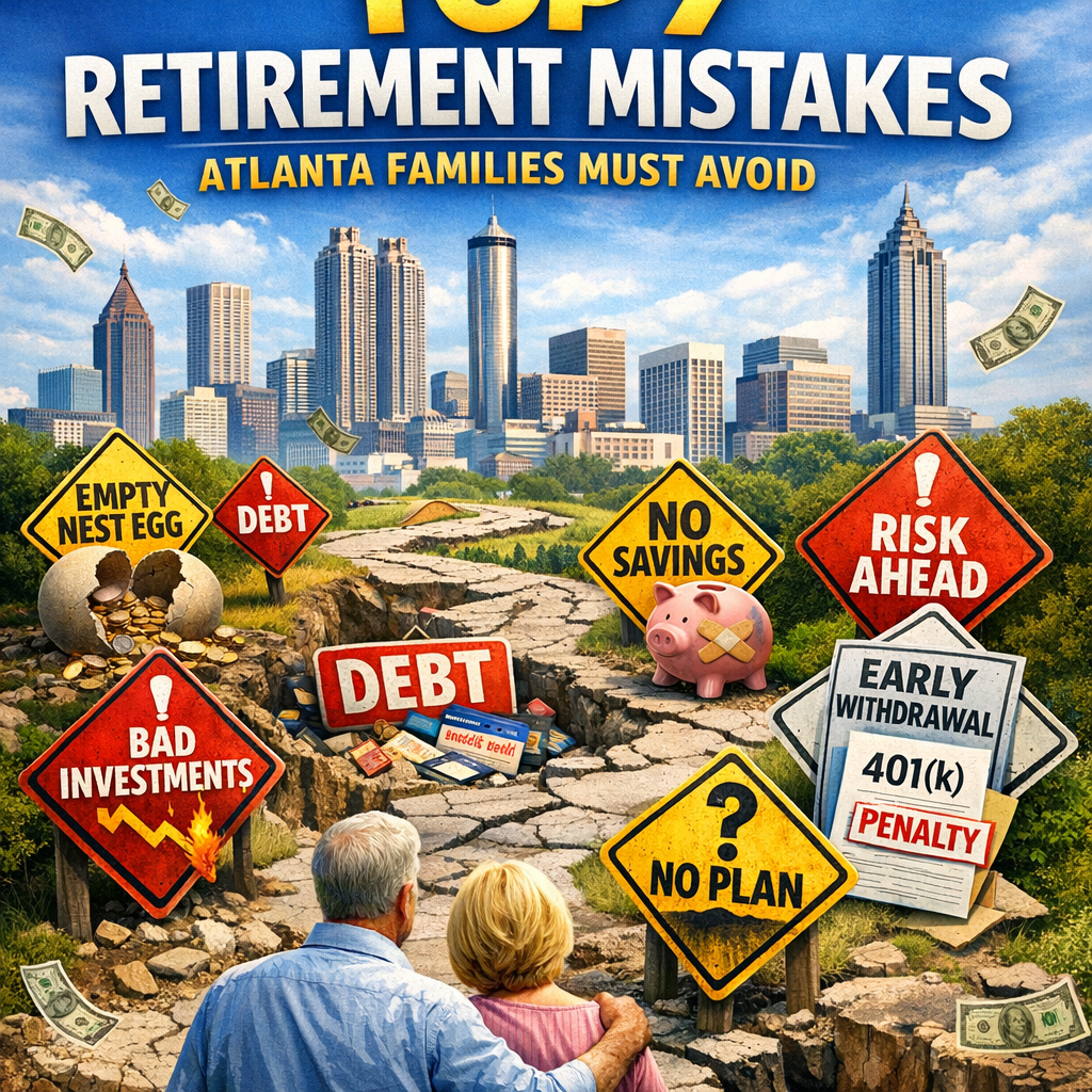Text overlay listing top 7 retirement mistakes with icons for debt, savings, and bad investments on a background of Atlanta s