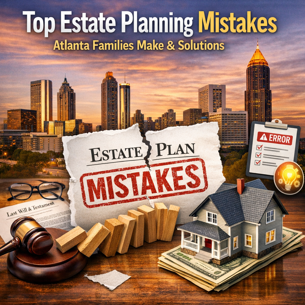 A graphic showing common estate planning mistakes by Atlanta families with solutions listed alongside.