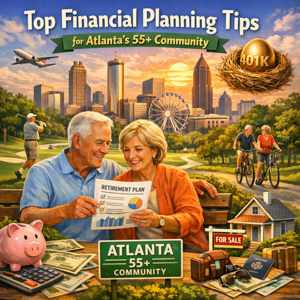 Elderly couple consulting with a financial advisor in Atlanta, reviewing documents and planning retirement.