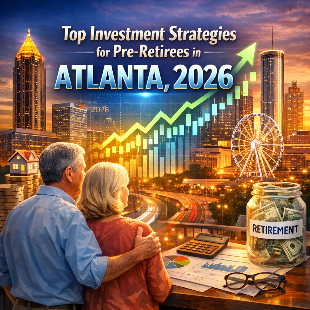 Atlanta skyline with icons representing retirement and investment strategies for 2026.
