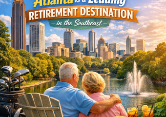 Senior couple enjoying retirement by a lake with a scenic view of the Atlanta skyline.