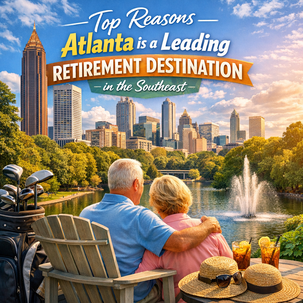 Senior couple enjoying retirement by a lake with a scenic view of the Atlanta skyline.