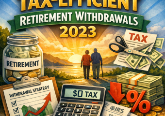 Cover image of "Ultimate Guide to Tax-Efficient Retirement Withdrawals 2023" with graphs and money icons.