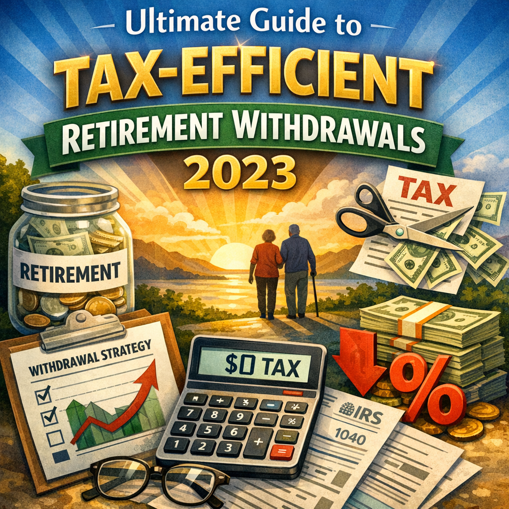 Cover image of "Ultimate Guide to Tax-Efficient Retirement Withdrawals 2023" with graphs and money icons.