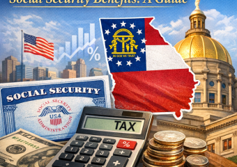Illustration of a guide about Georgia taxes on Social Security benefits, with financial icons and Georgia map.