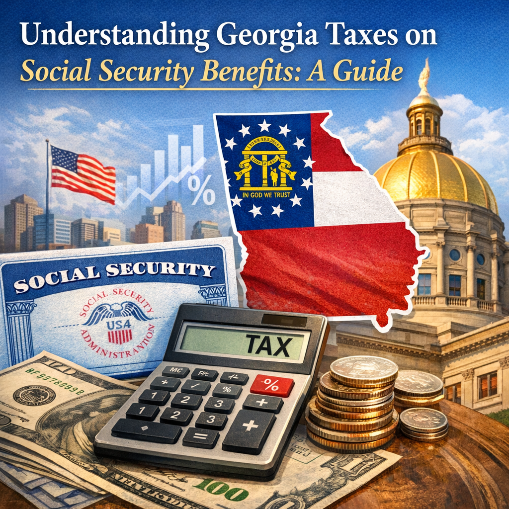 Illustration of a guide about Georgia taxes on Social Security benefits, with financial icons and Georgia map.