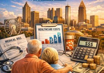 Graph showing healthcare costs for retirees in Atlanta, with financial planning icons and medical expense charts.
