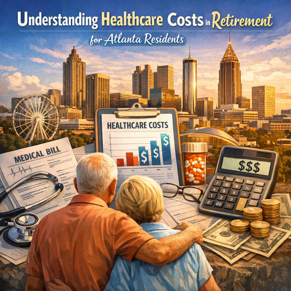Graph showing healthcare costs for retirees in Atlanta, with financial planning icons and medical expense charts.